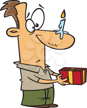 Royalty Free Clipart Image of a Man Holding a Present With a Candle on his Nose