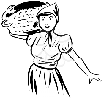 Royalty Free Clipart Image of a Woman With a Basket on Her Shoulder