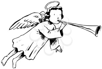 Royalty Free Clipart Image of an Angel Blowing a Horn