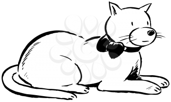 Royalty Free Clipart Image of a Cat Wearing a Bow and Lying Down