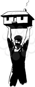 Royalty Free Clipart Image of a Man Raising a Tiny House Over His Head