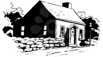 Royalty Free Clipart Image of a House With a Stone Fence