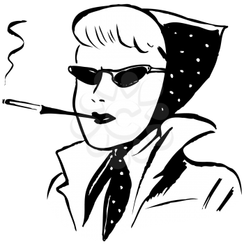 Royalty Free Clipart Image of a Woman Wearing a Scarf and Smoking a Cigarette in a Holder