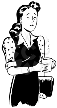 Royalty Free Clipart Image of a Tired Woman Holding a Mug of Coffee