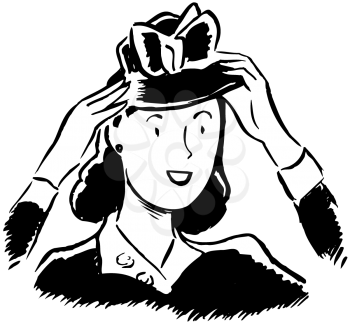 Royalty Free Clipart Image of a Woman Putting on a Hat