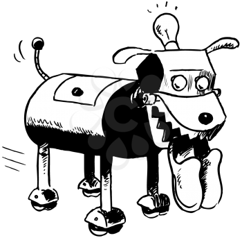 Royalty Free Clipart Image of a Robotic Dog Carrying Slippers