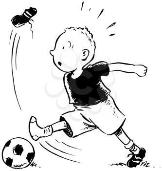 Royalty Free Clipart Image of a Kid Playing Soccer and Losing a Shoe