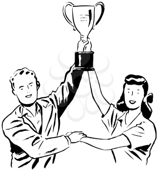 Royalty Free Clipart Image of Two People Holding Up a Trophy