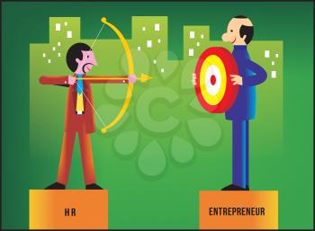 Royalty Free Clipart Image of an HR Rep Shooting at an Entrepreneur Holding a Target