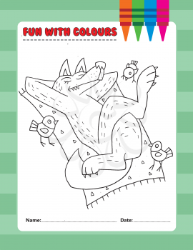 Royalty Free Clipart Image of a Colouring Page of a Wolf on a Blanket Watched by Birds