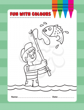 Royalty Free Clipart Image of a Colouring Page of a Boy Fishing