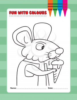 Royalty Free Clipart Image of a Mouse Eating Ice Cream Colouring Page
