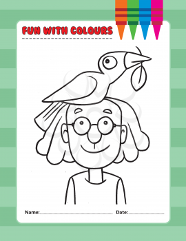 Royalty Free Clipart Image of a Girl in Glasses With a Bird on Her Head Colouring Page