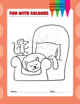 Royalty Free Clipart Image of a Colouring Page of a Cat and a Mouse on a Chair