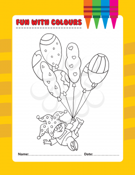Royalty Free Clipart Image of a Colouring Page of a Jester Child With Balloons