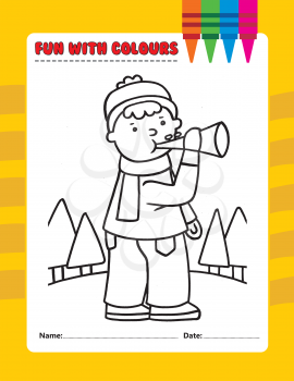 Royalty Free Clipart Image of a Boy Blowing a Horn Outside