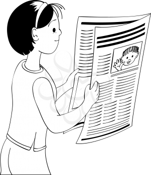 Royalty Free Clipart Image of a Girl Reading the Newspaper