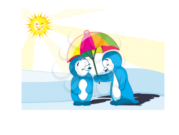 Royalty Free Clipart Image of Two Penguins Holding an Umbrella on a Sunny Day