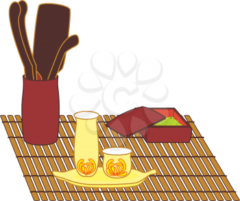 Royalty Free Clipart Image of a Tea Set on a Bamboo Mat