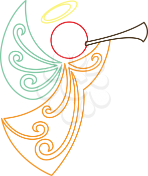 Royalty Free Clipart Image of a Female Angel Playing a Horn