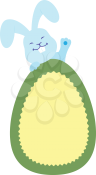 Royalty Free Clipart Image of an Easter Bunny Waving in Front of an Egg