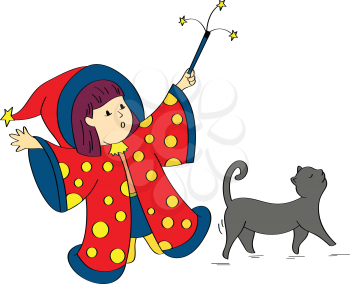 Royalty Free Clipart Image of a Little Girl Witch and a Black Cat