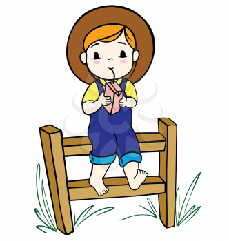 Royalty Free Clipart Image of a Boy on a Fence