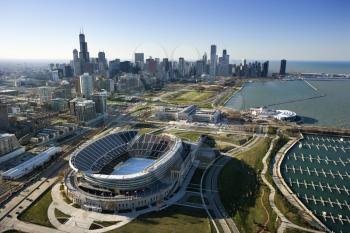 Royalty Free Photo of an Aerial View of Chicago, Illinois Skyline With Soldier Field