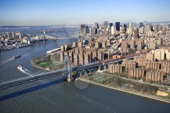 Royalty Free Photo of an Aerial View in New York City Williamsburg Bridge with Manhattan and Brooklyn Bridges in Lower East Manhattan