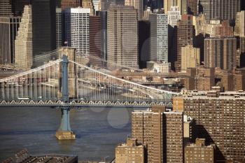 Royalty Free Photo of an Aerial View of Brooklyn Bridge and Manhattan Bride and New York City Buildings