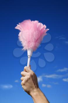 Close up of young female adult Caucasian's hand holding feather duster against sky.