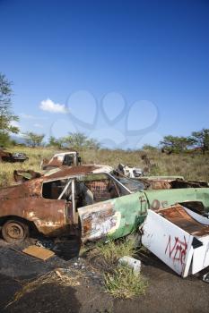 Royalty Free Photo of an Old Rusted Car in a Junkyard