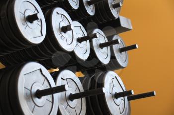 Royalty Free Photo of Stacks of Barbell Weights at a Gym
