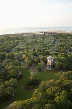 Royalty Free Photo of an Aerial View of a Tower and Park on Bald Head Island, North Carolina
