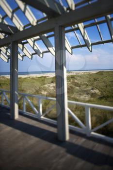 Royalty Free Photo of a Beachfront Deck With Trellis Work on Bald Head Island, North Carolina