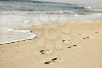 Royalty Free Photo of a Scenic Sandy Coastline with Footprints and Waves