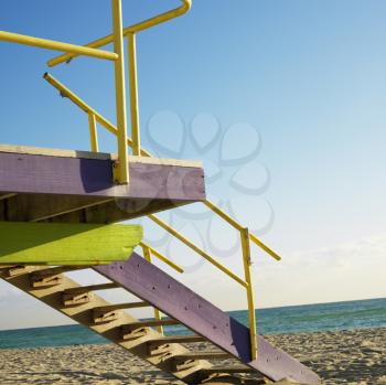 Royalty Free Photo of an Art Deco Lifeguard Tower Deck on Beach in Miami, Florida, USA