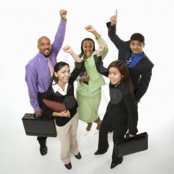 Royalty Free Photo of a Multi-Ethnic Business Group Standing Holding Briefcases and Cheering