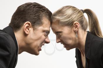Royalty Free Photo of a Businessman and Businesswoman Staring at Each Other With Hostile Expressions