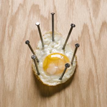 Royalty Free Photo of a Fried Egg Nailed to Wood