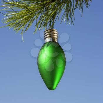 Green ornament hanging on Christmas tree branch against blue background.