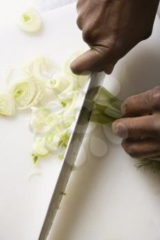 Royalty Free Photo of Male Hands Using a Large Kitchen Knife to Chop Fennel