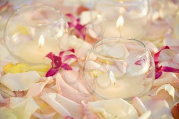 Royalty Free Photo of Lit Candles With Purple Orchids and Rose Petals