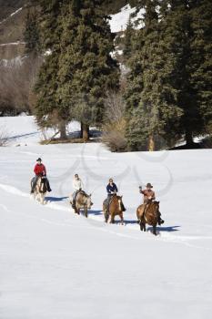 Four people horseback riding in snow covered landscape in Colorado, USA.