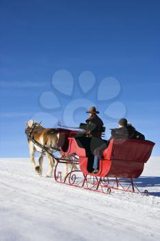 Royalty Free Photo of a Man Driving a Horse Drawn Sleigh with a Young Couple in Back