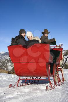 Royalty Free Photo of a Man Driving a Horse Drawn Sleigh With a Young Couple Looking Back