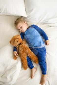 Royalty Free Photo of a Toddler Boy Sleeping With a Teddy Bear