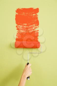 Caucasian female hand painting a green wall with a red paint roller.