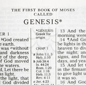 Royalty Free Photo of a Close-up of Genesis Verses in an Open Holy Bible