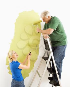 Royalty Free Photo of a Middle-aged Couple Painting a Wall Green